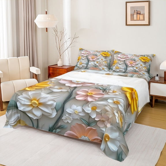 Homewish Colorful Flowers 3pcs Twin Sheet Sets for Children Kids Teens,Spring Graden Twin Fitted Sheet,Chic Floral Blossoms Breathable Flat Sheet,Microfiber Bedroom Decor