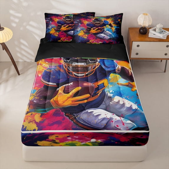 Homewish Colorful Football Player Zipper Twin Comforter Sets with Fitted Sheet and 2 Pillowcases, Dynamic Sports Zipper Bedding Set for Men and Boys, Black Reversible, 4pcs