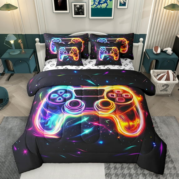 Homewish Colorful Game Console 7-Piece Twin Bedding Sets,Gamer Gaming Bedding Comforter Set,Multicolor Starry Sky Sheet Sets For Boys,Breathable Bedroom Decorative Reversible