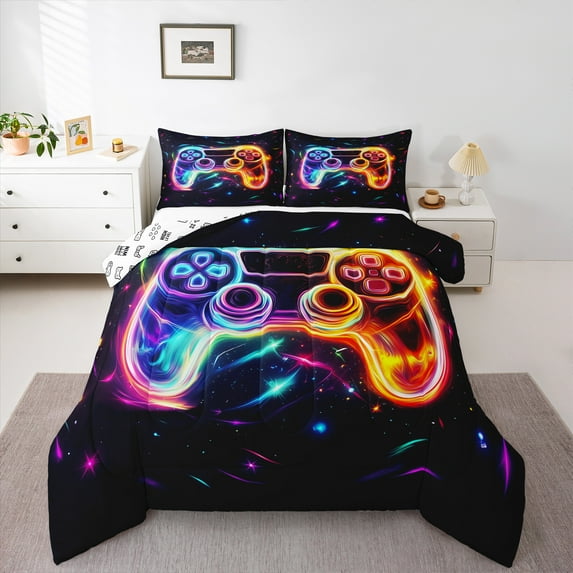 Homewish Colorful Game Console Bedding Comforter Set,Gamer Gaming Twin Comforter Sets,Multicolor Starry Sky Bedding Set For Boys,Breathable Bedroom Decorative Reversible,2pcs