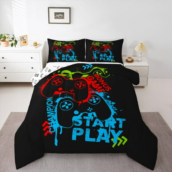 Homewish Colorful Gamepads 3 Pieces Queen Comforter Set for Kids Children Boys,Graffiti Splash Ultra Soft Bedding Sets,Video Game Bedding Comforter Set Breathable,Super Cozy Room Decor,Reversible