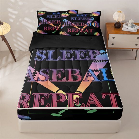 Homewish Colorful Gradient Baseball Zipper Twin Comforter Sets with Fitted Sheet and 2 Pillowcases,Ball Sport Theme Zipper Bedding Set For Boys Kids,Black Reversible,4 Pieces