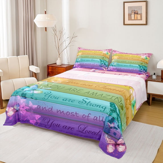 Homewish Colorful Gradient Butterflies 3pcs Twin Sheet Sets for Teens,Rustic Cabin Twin Fitted Sheet,Retro Vintage Breathable Flat Sheet,Luxury Bedroom Decor