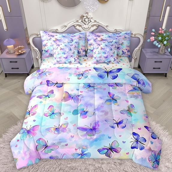 Homewish Colorful Graffiti Butterfly 7-Piece Twin Bedding Sets,Multicolor Gradient Butterflies Bedding Comforter Set,Pink Blue Purple Sheet Sets For Girls,Ultra Soft Home Decor Reversible