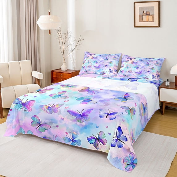 Homewish Colorful Graffiti Butterfly Full Size Sheets,Multicolor Gradient Butterflies Bed Sheets,Pink Blue Purple Sheet Sets For Girls,Ultra Soft Home Decor,4-Piece