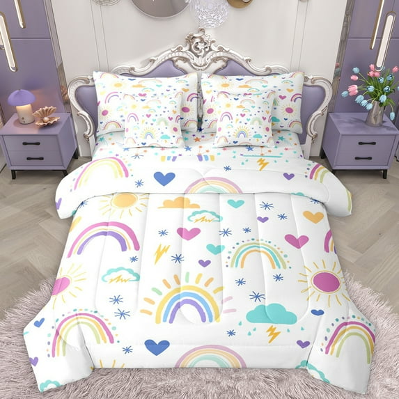 Homewish Colorful Graffiti Rainbow 7-Piece Bedding Comforter Set,Fairy Tale Theme King Bedding Sets,Cartoon Loves Stars Bed Sheets For Girls,Luxury Bedroom Decor Reversible