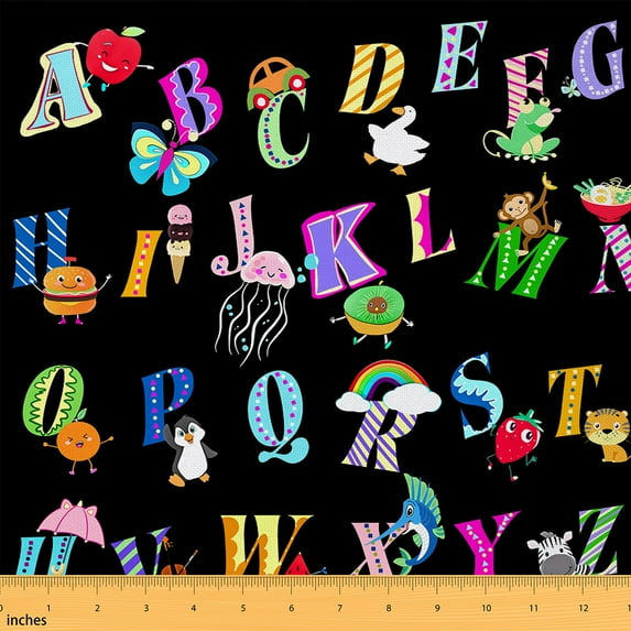 Homewish Colorful Initial Letter Fabric by the Yard 1 Yard,Cute Monkey Penguin Home Decor Fabric by the Yard,Kawaii Rainbow Butterfly Sewing Fabric For Boys Girls,Breathable Home Decor