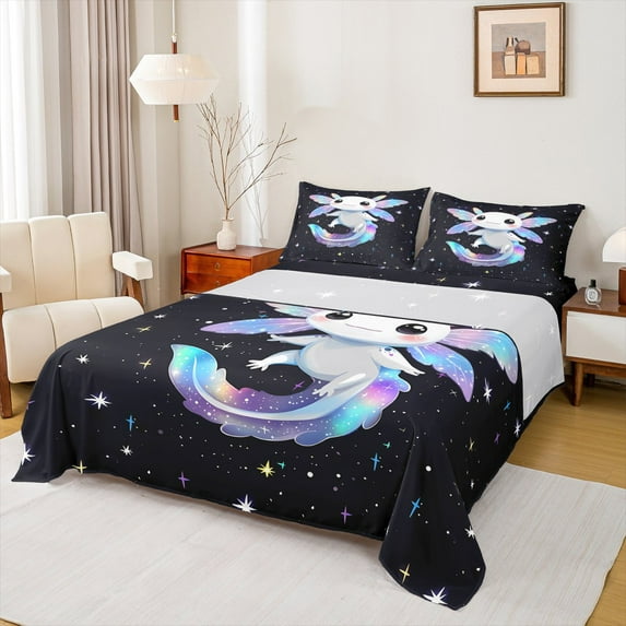 Homewish Colorful Kawaii Axolotl Queen Sheet Sets,Fairy Tale Theme Flat Sheet,Galaxy Starry Night Queen Fitted Sheet For Children,Breathable Home Decor,4-Piece