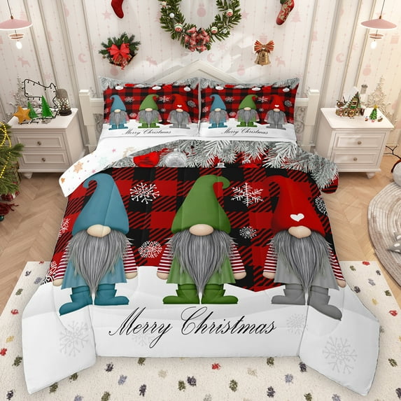 Homewish Colorful Kawaii Gnome Bedding Comforter Set.Merry Christmas Twin Comforter Sets,Red Black Plaid Bedding Set For Girls Teens,Breathable Home Decor Reversible,2-Piece
