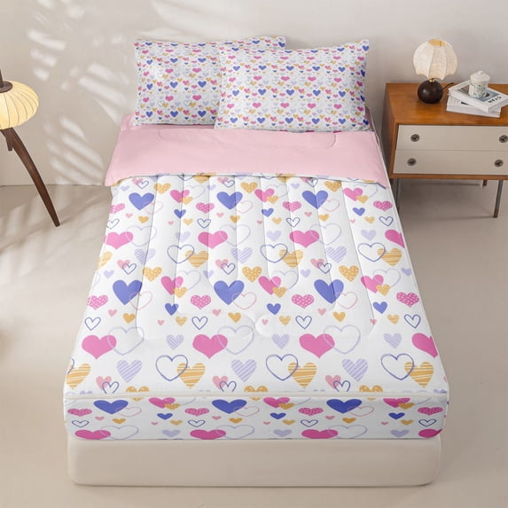 Homewish Colorful Love Hearts Zipper Twin Comforter Sets with Fitted Sheet and 2 Pillowcases,Girls Zipper Bedding Set,Pink Reversible,4 Pieces
