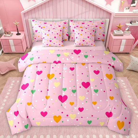 Homewish Colorful Loves Pattern 7-Piece Twin Bedding Sets,Cartoon Ploka Dots Bedding Comforter Set,Pink Fairy Tale Sheet Sets For Girls Teens,Super Cozy Room Decor Reversible