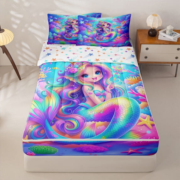 Homewish Colorful Mermaid Fishtail Zipper Full Size Comforter Sets with Fitted Sheet and 2 Pillowcases,Watercolor Ocean Coral Zipper Bedding Set For Girls,Reversible,4 Pieces