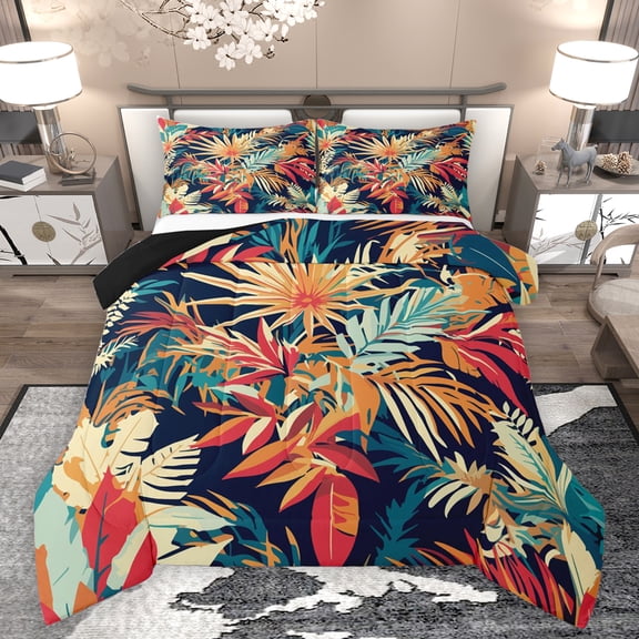 Homewish Colorful Monstera Leaf Queen Comforter Set,Tropical Botanical Plam Bedding Sets,Rustic Leaves Bedding Comforter Set For Teens,Breathable Home Decor Reversible,3pcs