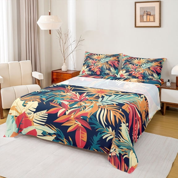 Homewish Colorful Monstera Leaf Twin Sheet Sets,Tropical Botanical Plam Twin Fitted Sheet,Rustic Leaves Flat Sheet For Teens,Breathable Home Decor,3-Piece