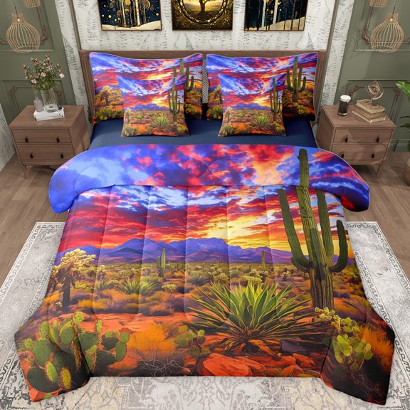 Homewish Colorful Natural Scenery 7-Piece Twin Bedding Sets,Tropical Desert Cactus Bedding Comforter Set,Rustic Western Cowboy Sheet Sets For Adults,Breathable Home Decor Reversible