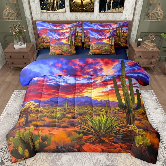 Homewish Colorful Natural Scenery 7pcs Bedding Comforter Set,Tropical Desert Cactus Queen Bedding Sets,Rustic Western Cowboy Queen Sheet Sets For Adults,Breathable Home Decor Reversible