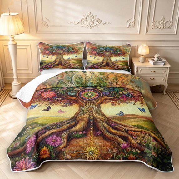 Homewish Colorful Nature Tree Twin Quilt Set,Romantic Butterflies Floral Twin Coverlet Set,Yellow Green,Black Reversible,2pcs