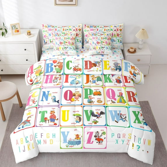 Homewish Colorful Personalized Initial Letter 7 Pieces Bedding Comforter Set for Kids,Kawaii Animal Full Bedding Set Lightweight,Geometric Plaid Fitted Sheet Flat Sheet,Lightweight Room Decor