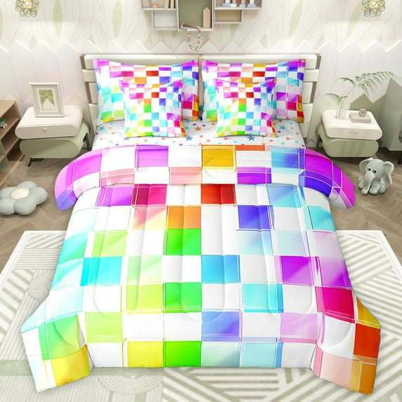 Homewish Colorful Plaid Grid 7-Piece Twin Bedding Sets For Boys Girls,Futuristic Cubes Bedding Comforter Set,Abstract Geometric Breathable Sheet Sets,Super Cozy Room Decor,Reversible