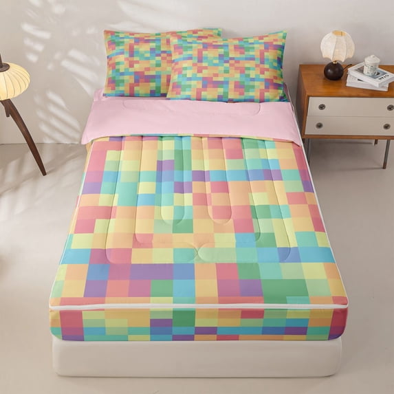 Homewish Colorful Plaid Grid Zipper Twin Comforter Sets with Fitted Sheet and 2 Pillowcases For Girls,Pixelated Theme Miner Game Zipper Bedding Set,Pink Reversible,4-Piece