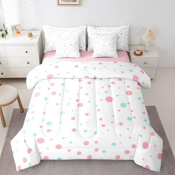 Homewish Colorful Polka Dots 7 Pieces Bedding Comforter Set for Kids Boys Girls,Kawaii Watercolor Splash Full Bedding Set Lightweight,Abstract Geometric Fitted Sheet Flat Sheet,Super Cozy Room Decor