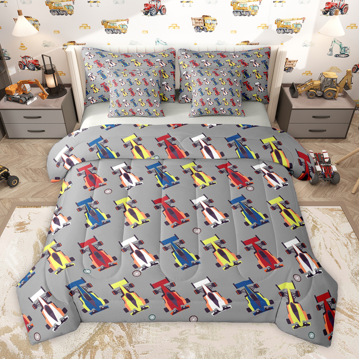Homewish Colorful Race Car 7 Pieces Bedding Comforter Set,Extreme Sport Full Bedding Set,Colorful Racing Car Fitted Sheet Flat Sheet,Microfiber Bedroom Decor Reversible