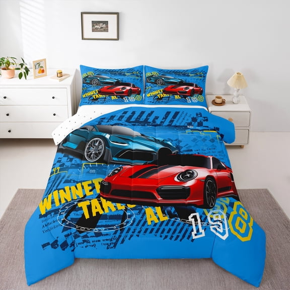 Homewish Colorful Race Car Queen Comforter Set,Teens Extreme Sport Bedding Sets,Blue Red Bedding Comforter Set For Boys,Luxury Bedroom Decor Reversible,3 Pieces