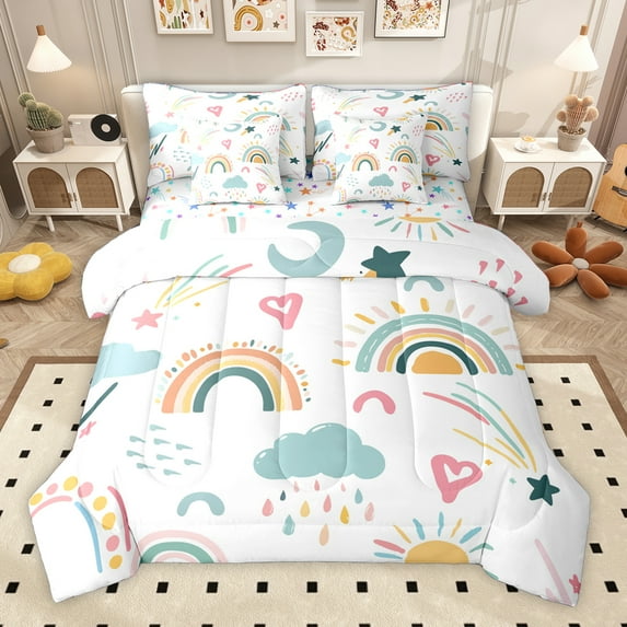 Homewish Colorful Rainbow 7-Piece Bedding Comforter Set,Fairy Tale Theme King Bedding Sets,Cartoon Clouds Loves Bed Sheets For Girls,Luxury Bedroom Decor Reversible
