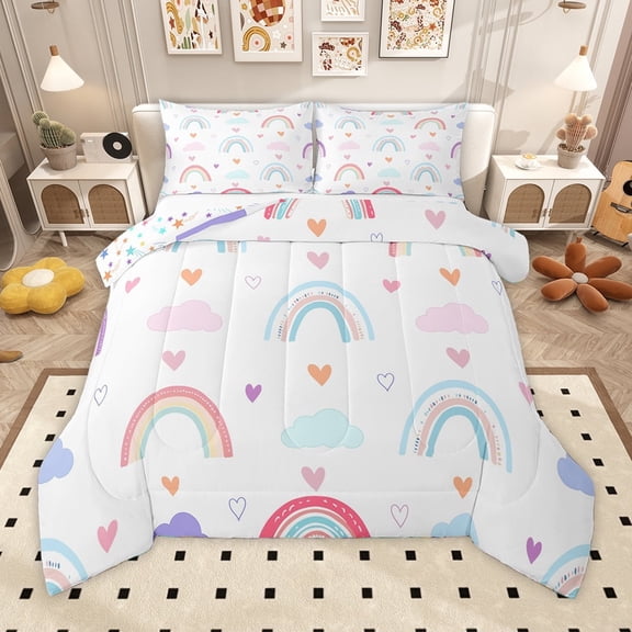 Homewish Colorful Rainbow Full Size Comforter Sets,Multicolor Cartoon Heart Print Bedding Comforter Set,White Pink Blue Bedding Sets For Girls,Luxury Bedroom Decor Reversible,3pcs