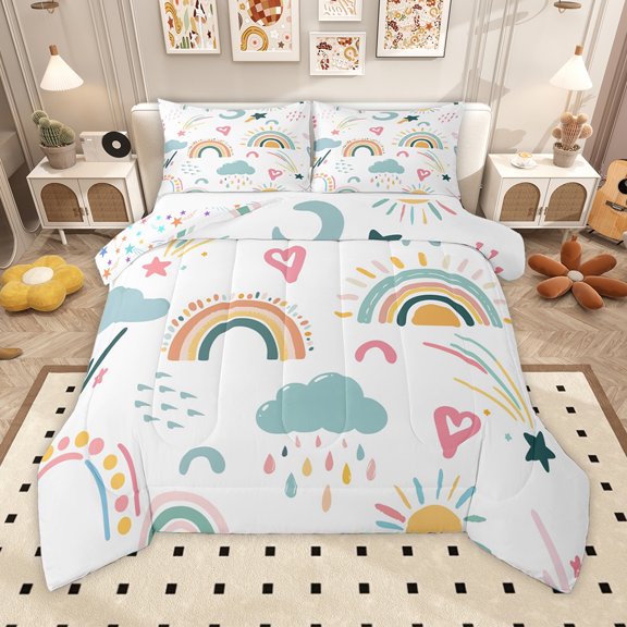 Homewish Colorful Rainbow Queen Comforter Set,Fairy Tale Theme Bedding Sets,Cartoon Clouds Loves Bedding Comforter Set For Girls,Luxury Bedroom Decor Reversible,3 Pieces