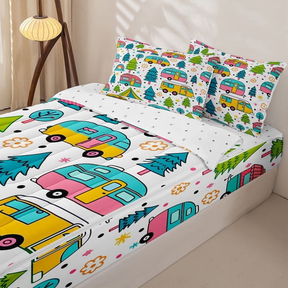 Homewish Colorful Retro RV Car Tent Zipper Full Size Comforter Sets with Fitted Sheet and 2 Pillowcases, Rainbow Pine Zipper Bedding Set for Boys and Girls, Reversible, 4pcs