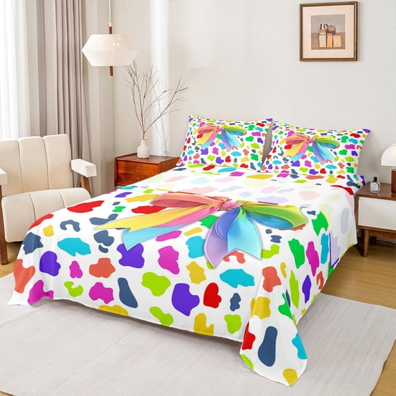 Homewish Colorful Ribbon Bow 3pcs Twin Sheet Sets for Children Teens Girls,Abstract Leopard Print Twin Fitted Sheet,Dreamy Princess Breathable Flat Sheet,Breathable Home Decor
