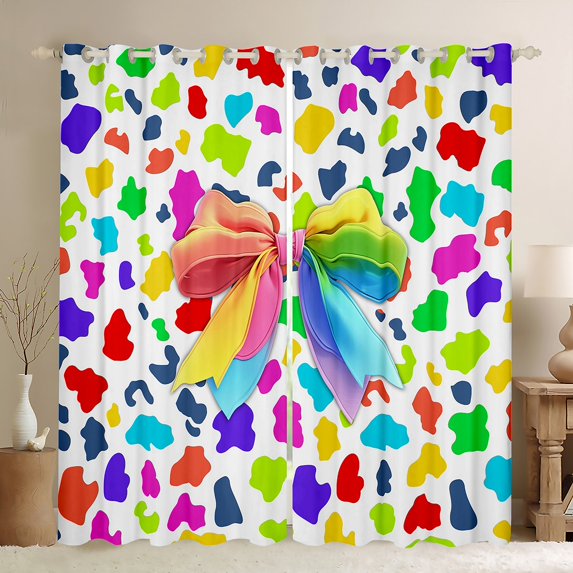 Homewish Colorful Ribbon Bow Black Out Curtains for Children Teens Girls,Abstract Leopard Print Curtains Pack of 2 (42x63 Each),Dreamy Princess Bedroom Curtains,Breathable Home Decor