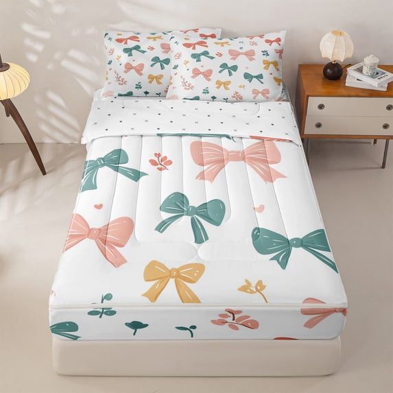 Homewish Colorful Ribbon Bow Kids Zipper Twin Comforter Sets with Fitted Sheet and 2 Pillowcases,Watercolor Cute Bowknot Zipper Bedding Set For Girls,Reversible,4-Piece