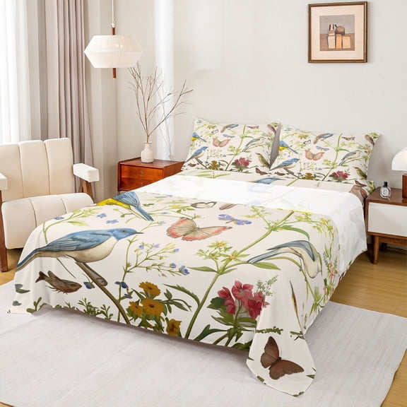 Homewish Colorful Rustic Birds Twin Sheet Sets,Country Floral Twin Fitted Sheet,Beige Green Flat Sheet For Men Women,Ultra Soft Home Decor,3pcs