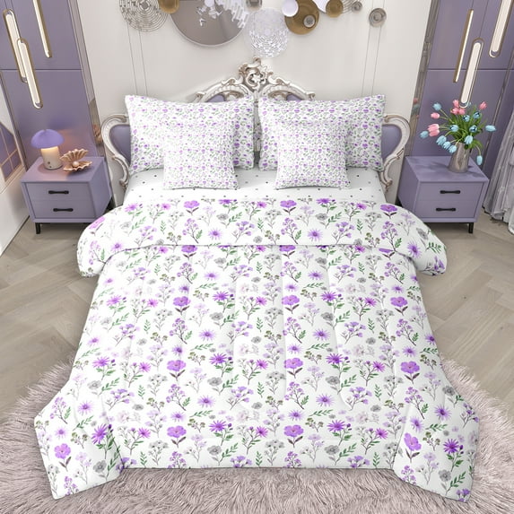 Homewish Colorful Rustic Flower 7-Piece Twin Bedding Sets,Country Plant Bedding Comforter Set,Purple White Sheet Sets For Girls Kids,Ultra Soft Home Decor Reversible
