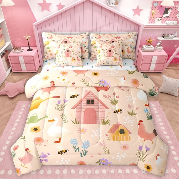 Homewish Colorful Rustic Flower 7-Piece Twin Bedding Sets,Farmhouse Duck Chicken Bedding Comforter Set,Geometric Polka Dots Sheet Sets For Kids,Super Cozy Room Decor Reversible