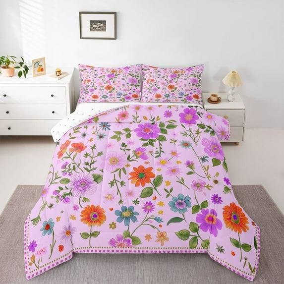 Homewish Colorful Rustic Flower Bedding Comforter Set,Country Plant Twin Comforter Sets,Purple Orange Pink Bedding Set For Girls Kids,Ultra Soft Home Decor Reversible,2-Piece