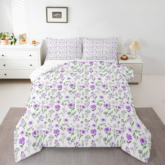 Homewish Colorful Rustic Flower Bedding Comforter Set,Country Plant Twin Comforter Sets,Purple White Bedding Set For Girls Kids,Ultra Soft Home Decor Reversible,2pcs