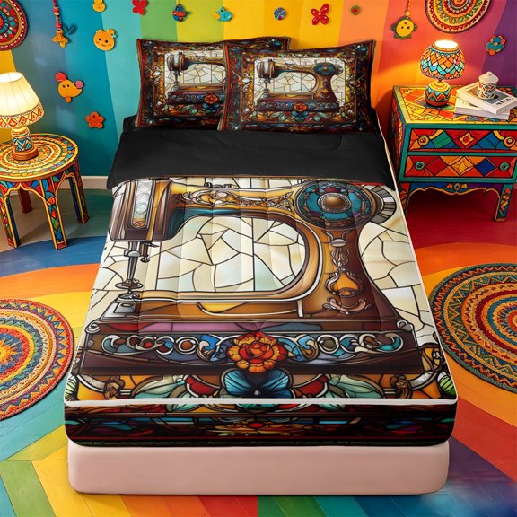 Homewish Colorful Stained Glass Zipper Twin Comforter Sets with Fitted Sheet and 2 Pillowcases,Bohemian Exotic Style Zipper Bedding Set For Adults,Black Reversible,4pcs