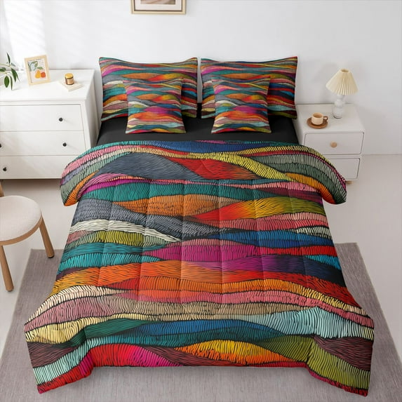 Homewish Colorful Stripes 7-Piece Twin Bedding Sets for Teens Boys Girls,Geometric Lines Bedding Comforter Set,Vintage Aesthetic Breathable Sheet Sets,Breathable Home Decor,Reversible