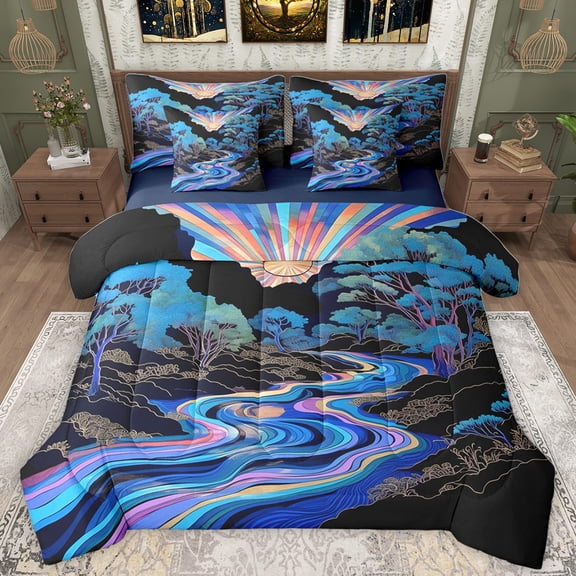 Homewish Colorful Stripes Lines 7-Piece Bedding Comforter Set,Pine Tree Pattern King Bedding Sets,Watercolor Aesthetic Bed Sheets For Adults,Breathable Home Decor Reversible