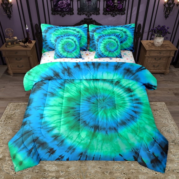 Homewish Colorful Tie-Dye 7pcs Bedding Comforter Set,Modern Graffiti Artistic Queen Bedding Sets,Green Blue Queen Sheet Sets For Adults,Luxury Bedroom Decor Reversible
