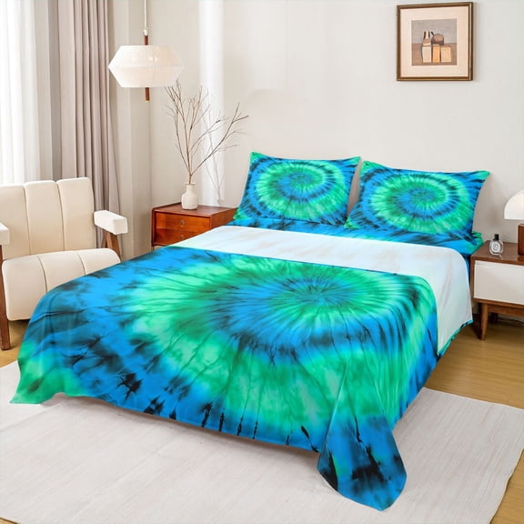 Homewish Colorful Tie-Dye Twin Sheet Sets,Modern Graffiti Artistic Twin Fitted Sheet,Green Blue 03 For Adults,Luxury Bedroom Decor,3pcs