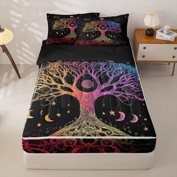 Homewish Colorful Tree Of Life Zipper Full Size Comforter Sets with Fitted Sheet and 2 Pillowcases,Moon Phase Stars Zipper Bedding Set,Black Reversible,4-Piece