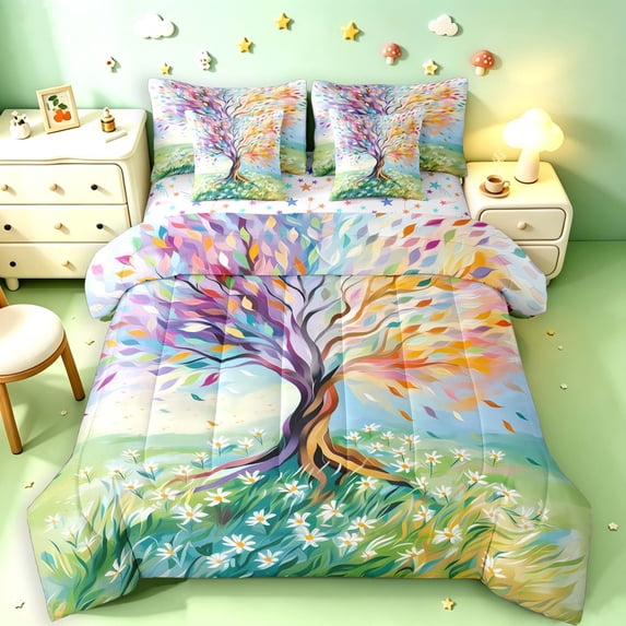 Homewish Colorful Tree Of Life 7-Piece King Bedding,Daisy Floral Plant King Bed in a Bag,Green,Colorful Stars Reversible