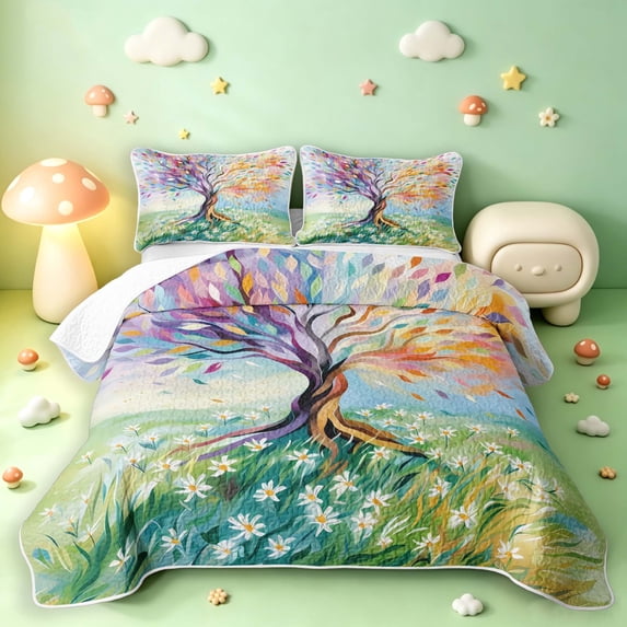 Homewish Colorful Tree Of Life Quilt Full,Daisy Floral Plant Full Bedspread Sets,Green,Colorful Stars Reversible,3pcs