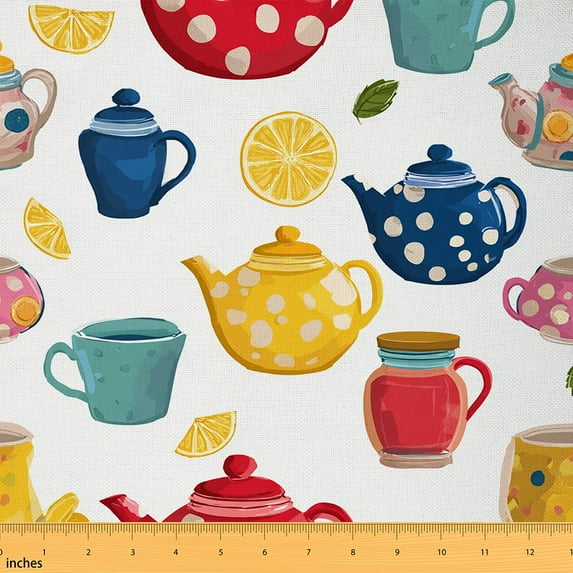 Homewish Colorful Vintage Kettle Fabric by the Yard 1 Yard,Retro Teapot Home Decor Fabric by the Yard,Orange Sewing Fabric For Girls Kids,Ultra Soft Home Decor