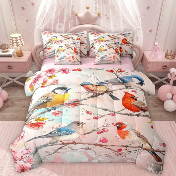 Homewish Colorful Wild Birds 7-Piece Bedding Comforter Set,Pink Sakura King Bedding Sets,Cardinal Bird Bed Sheets For Kids,Breathable Home Decor Reversible