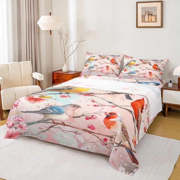 Homewish Colorful Wild Birds Twin Sheet Sets,Pink Sakura Twin Fitted Sheet,Cardinal Bird Flat Sheet For Kids,Breathable Home Decor,3 Pieces